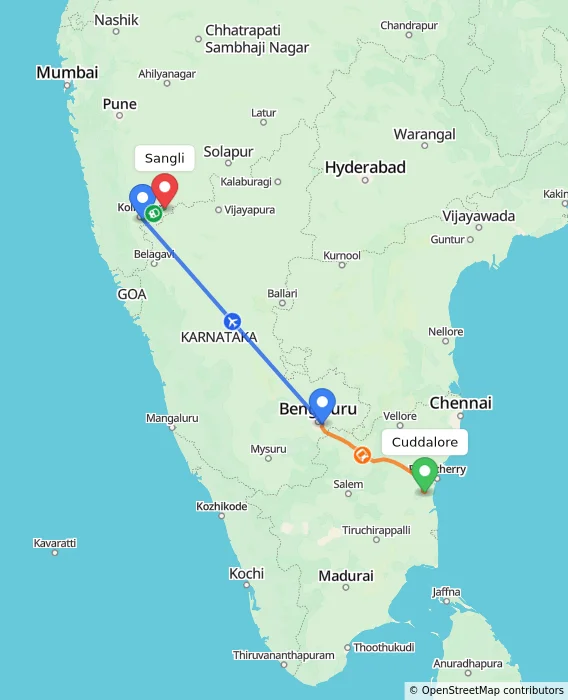 Route map showing distance and travel time from Cuddalore, India to Sangli, India