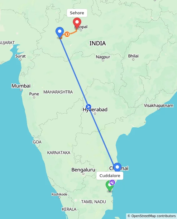 Route map showing distance and travel time from Cuddalore, India to Sehore, India
