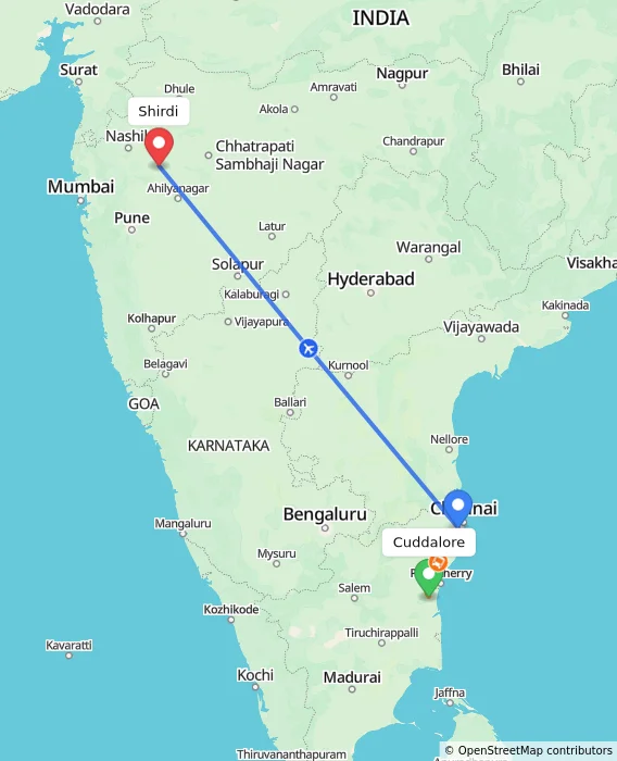 Route map showing distance and travel time from Cuddalore, India to Shirdi, India