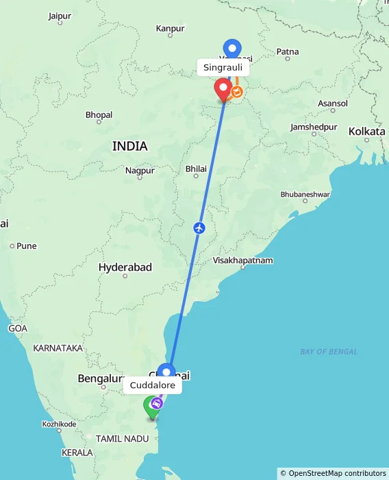 Route map showing distance and travel time from Cuddalore, India to Singrauli, India