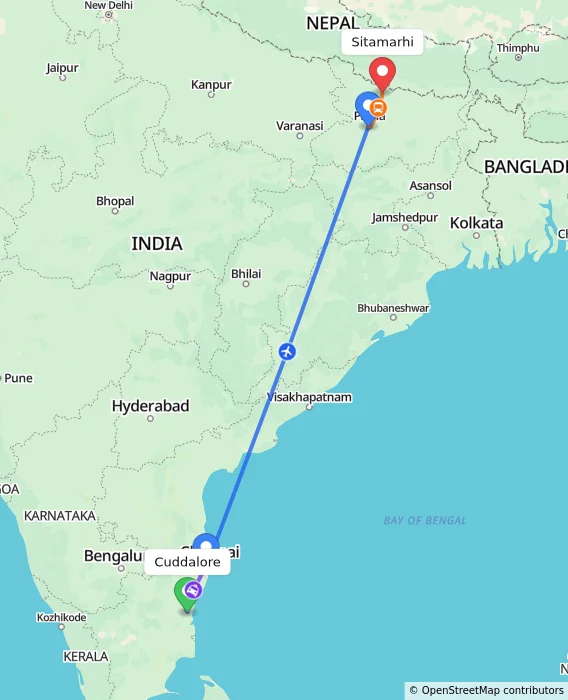 Route map showing distance and travel time from Cuddalore, India to Sitamarhi, India