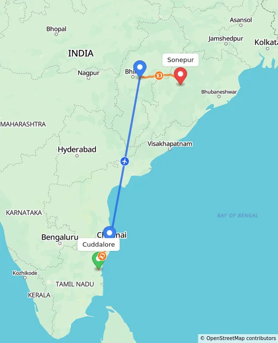 Route map showing distance and travel time from Cuddalore, India to Sonepur, India