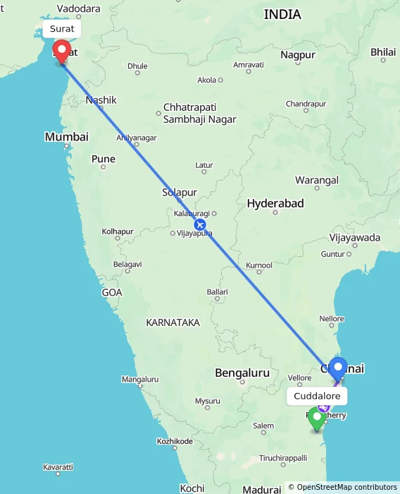 Route map showing distance and travel time from Cuddalore, India to Surat, India