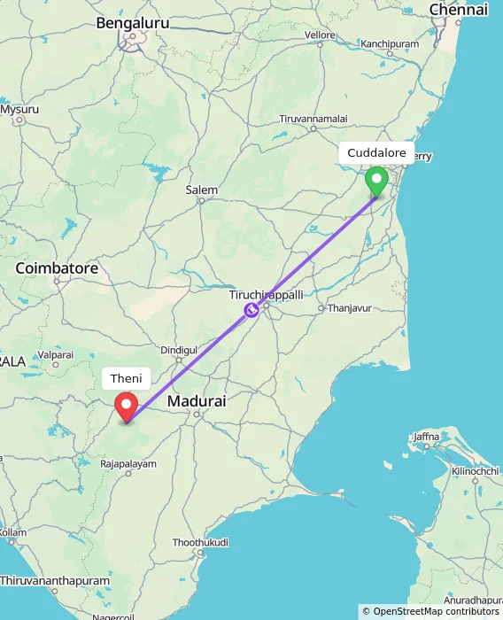 Route map showing distance and travel time from Cuddalore, India to Theni, India