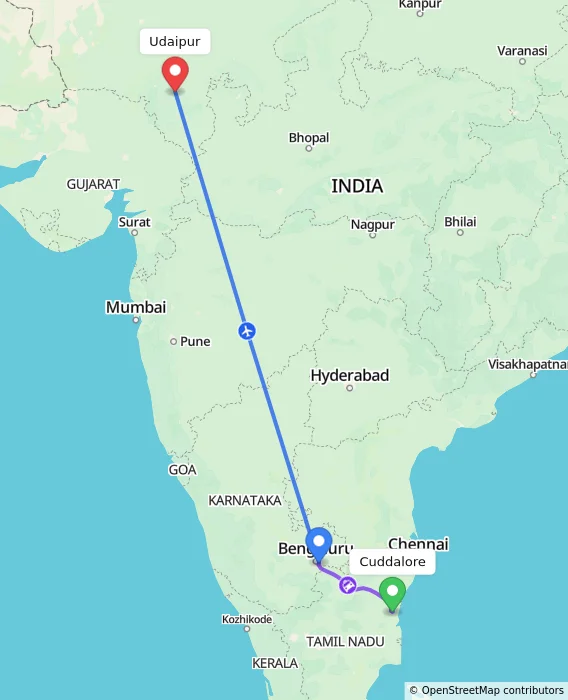 Route map showing distance and travel time from Cuddalore, India to Udaipur, India