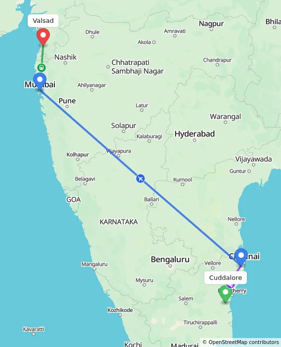 Route map showing distance and travel time from Cuddalore, India to Valsad, India