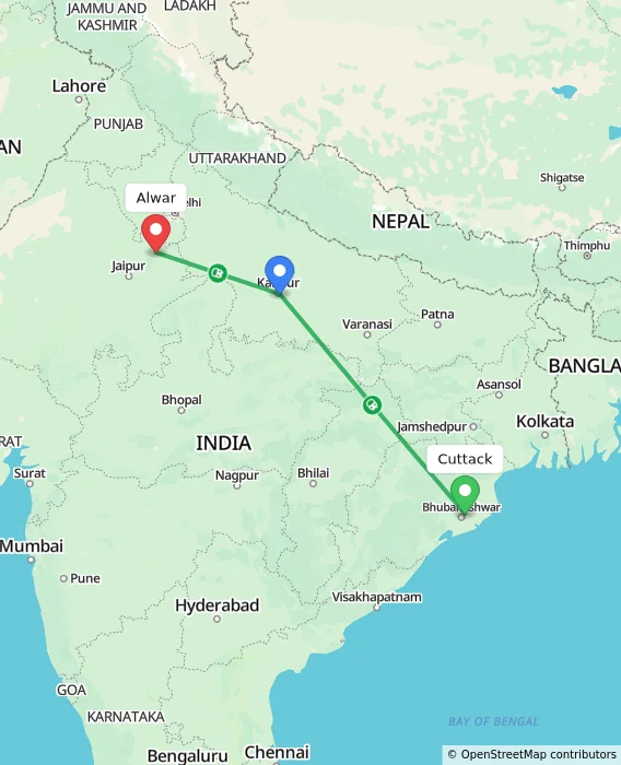 Route map showing distance and travel time from Cuttack, India to Alwar, India