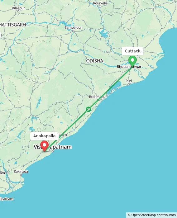Route map showing distance and travel time from Cuttack, India to Anakapalle, India