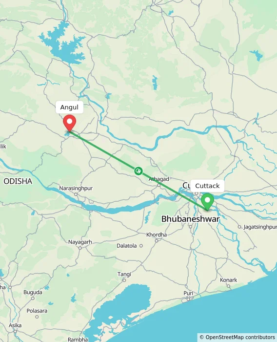 Route map showing distance and travel time from Cuttack, India to Angul, India