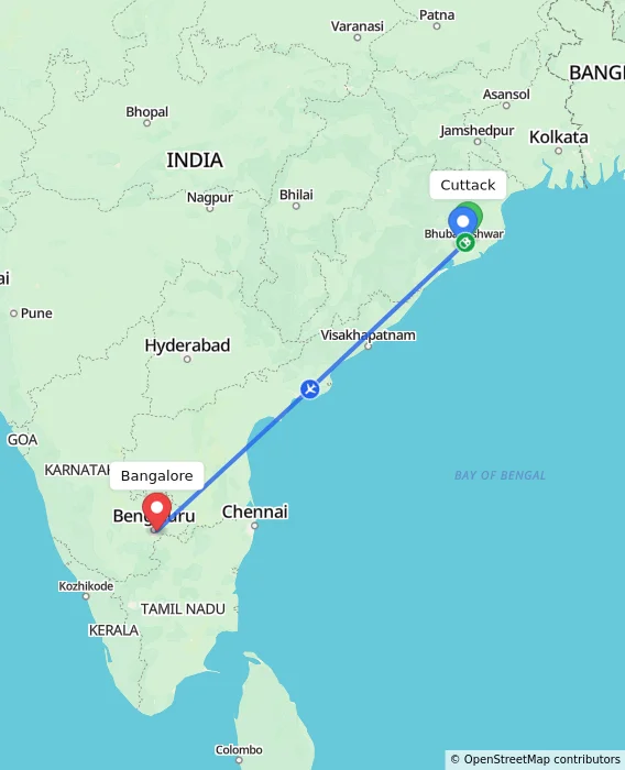 Route map showing distance and travel time from Cuttack, India to Bangalore, India