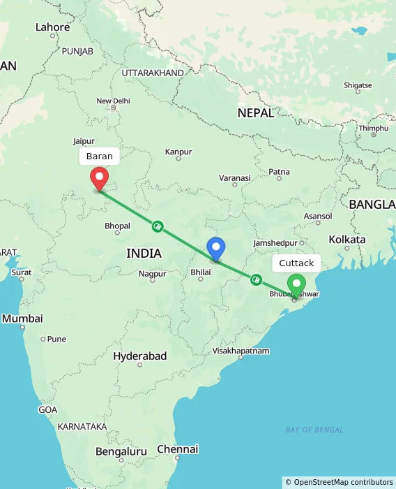 Route map showing distance and travel time from Cuttack, India to Baran, India