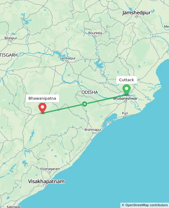 Route map showing distance and travel time from Cuttack, India to Bhawanipatna, India