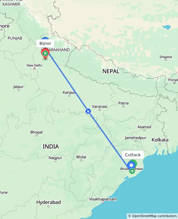 Route map showing distance and travel time from Cuttack, India to Bijnor, India