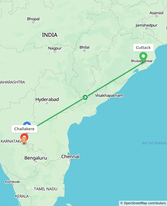 Route map showing distance and travel time from Cuttack, India to Challakere, India