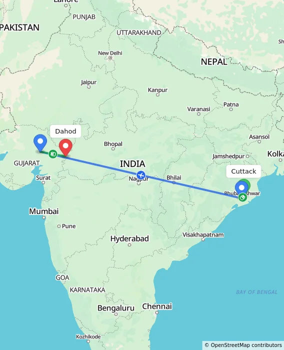 Route map showing distance and travel time from Cuttack, India to Dahod, India