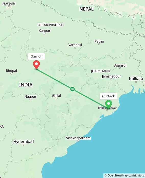 Route map showing distance and travel time from Cuttack, India to Damoh, India