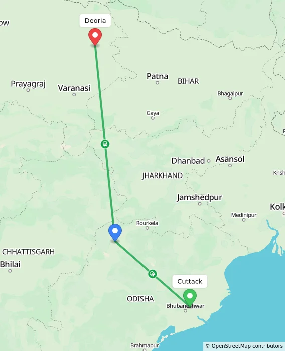 Route map showing distance and travel time from Cuttack, India to Deoria, India