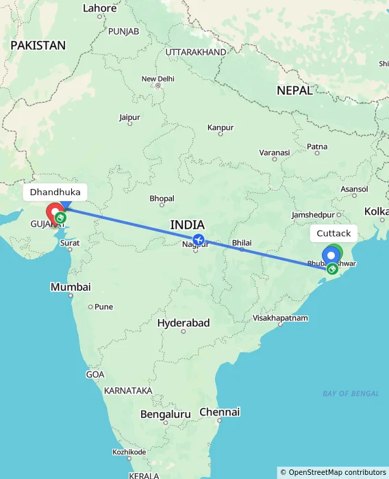 Route map showing distance and travel time from Cuttack, India to Dhandhuka, India
