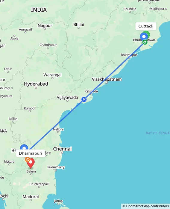 Route map showing distance and travel time from Cuttack, India to Dharmapuri, India