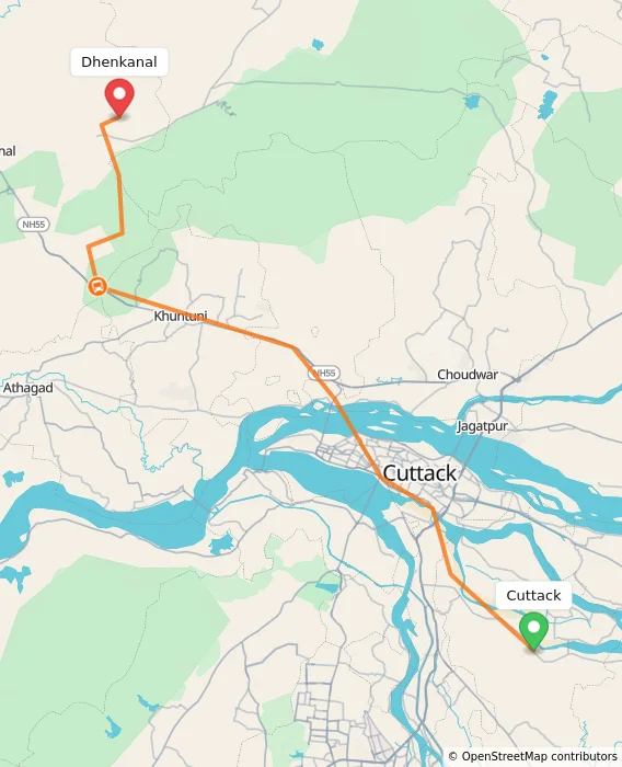 Route map showing distance and travel time from Cuttack, India to Dhenkanal, India