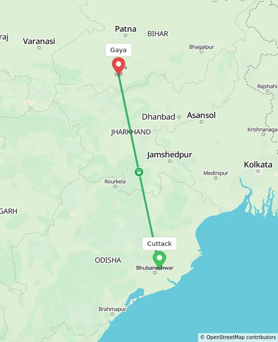 Route map showing distance and travel time from Cuttack, India to Gaya, India