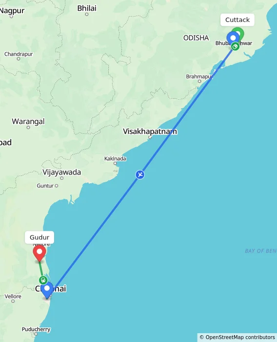 Route map showing distance and travel time from Cuttack, India to Gudur, India
