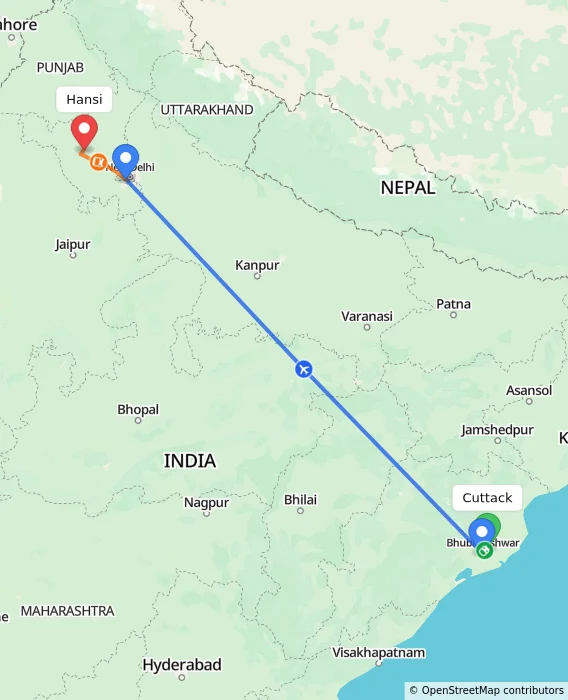 Route map showing distance and travel time from Cuttack, India to Hansi, India