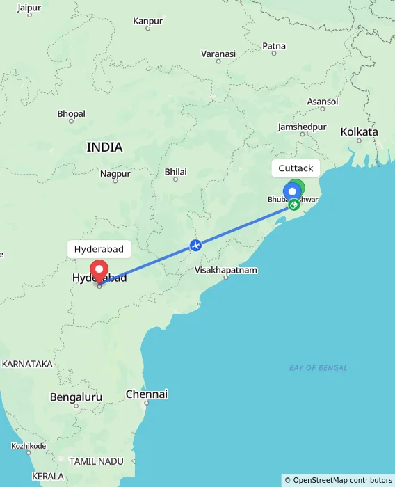Route map showing distance and travel time from Cuttack, India to Hyderabad, India
