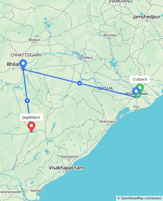 Route map showing distance and travel time from Cuttack, India to Jagdalpur, India
