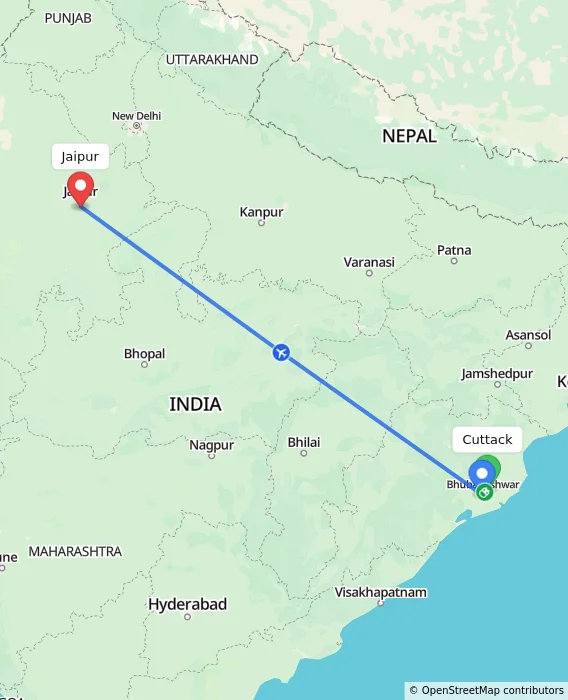 Route map showing distance and travel time from Cuttack, India to Jaipur, India