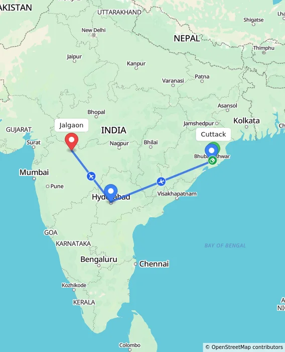 Route map showing distance and travel time from Cuttack, India to Jalgaon, India