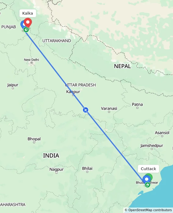 Route map showing distance and travel time from Cuttack, India to Kalka, India