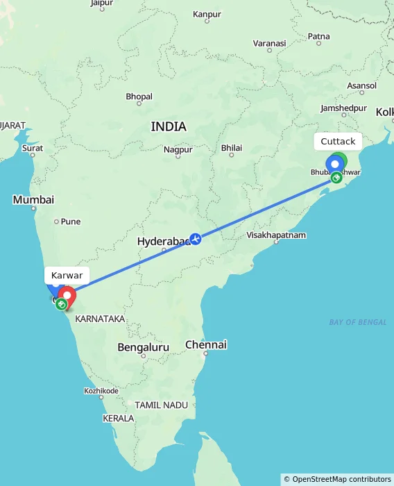 Route map showing distance and travel time from Cuttack, India to Karwar, India