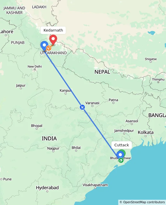 Route map showing distance and travel time from Cuttack, India to Kedarnath, India