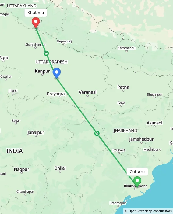 Route map showing distance and travel time from Cuttack, India to Khatima, India