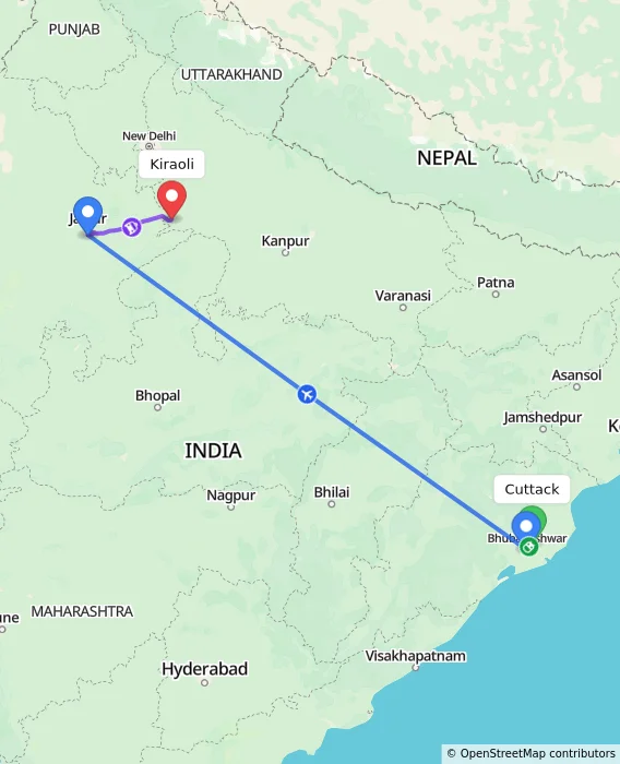 Route map showing distance and travel time from Cuttack, India to Kiraoli, India