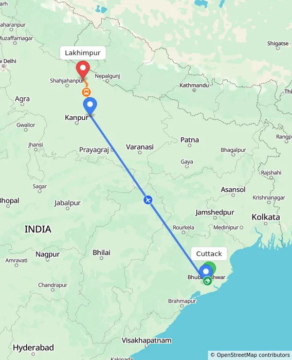 Route map showing distance and travel time from Cuttack, India to Lakhimpur, India
