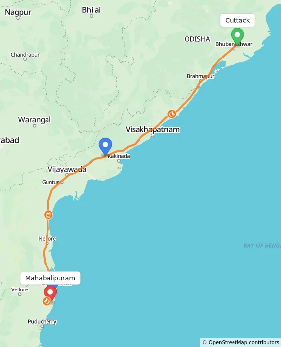 Route map showing distance and travel time from Cuttack, India to Mahabalipuram, India