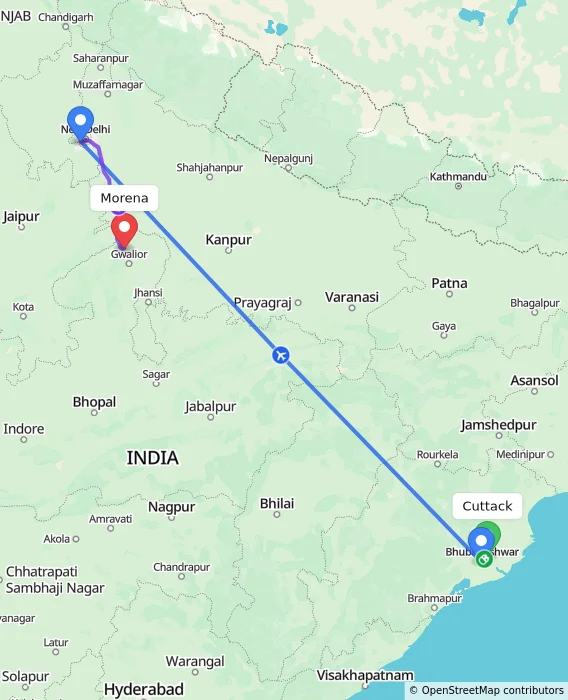 Route map showing distance and travel time from Cuttack, India to Morena, India