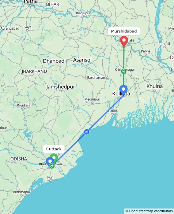 Route map showing distance and travel time from Cuttack, India to Murshidabad, India