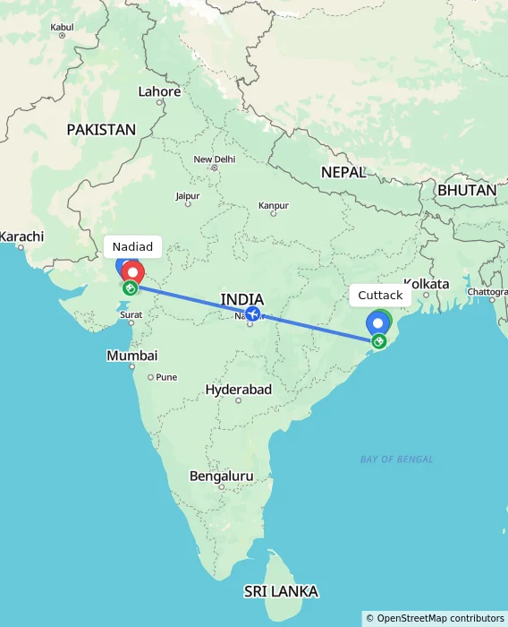 Route map showing distance and travel time from Cuttack, India to Nadiad, India