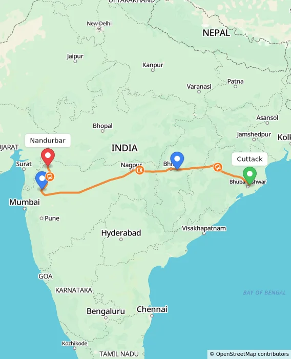 Route map showing distance and travel time from Cuttack, India to Nandurbar, India