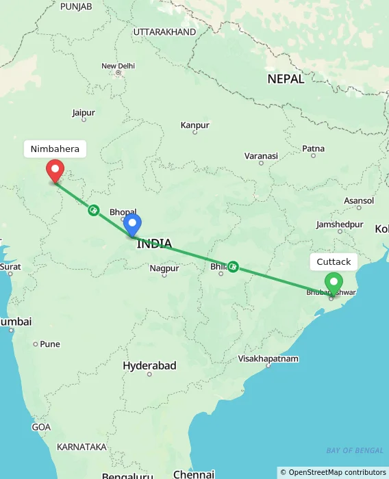 Route map showing distance and travel time from Cuttack, India to Nimbahera, India