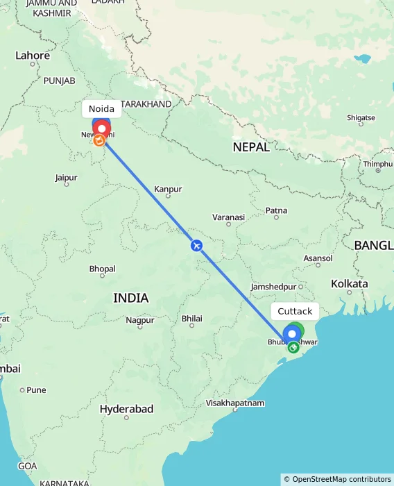 Route map showing distance and travel time from Cuttack, India to Noida, India