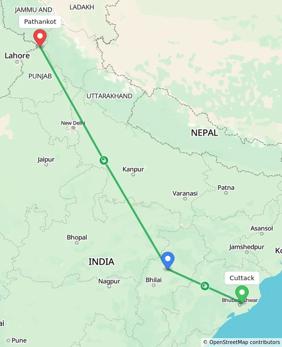 Route map showing distance and travel time from Cuttack, India to Pathankot, India