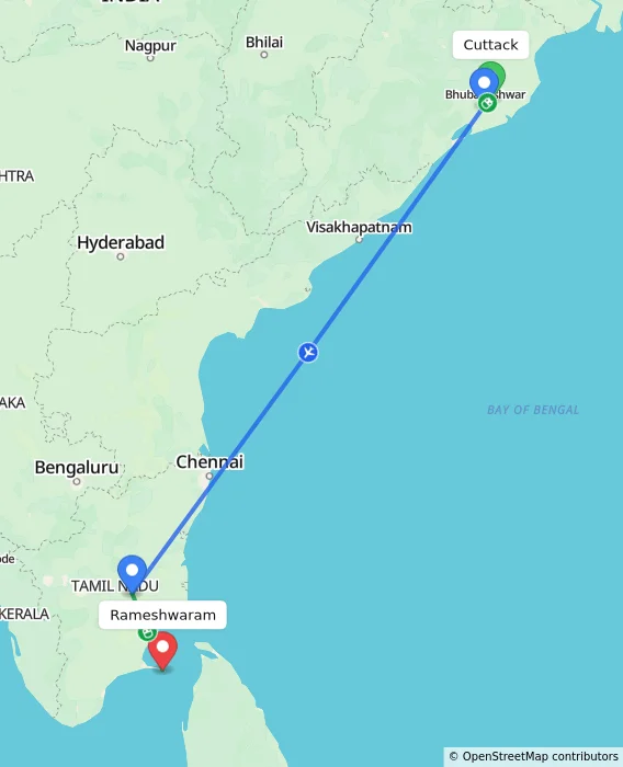 Route map showing distance and travel time from Cuttack, India to Rameshwaram, India