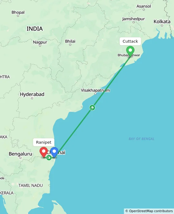 Route map showing distance and travel time from Cuttack, India to Ranipet, India