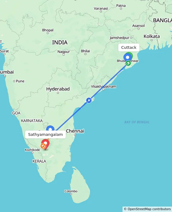Route map showing distance and travel time from Cuttack, India to Sathyamangalam, India