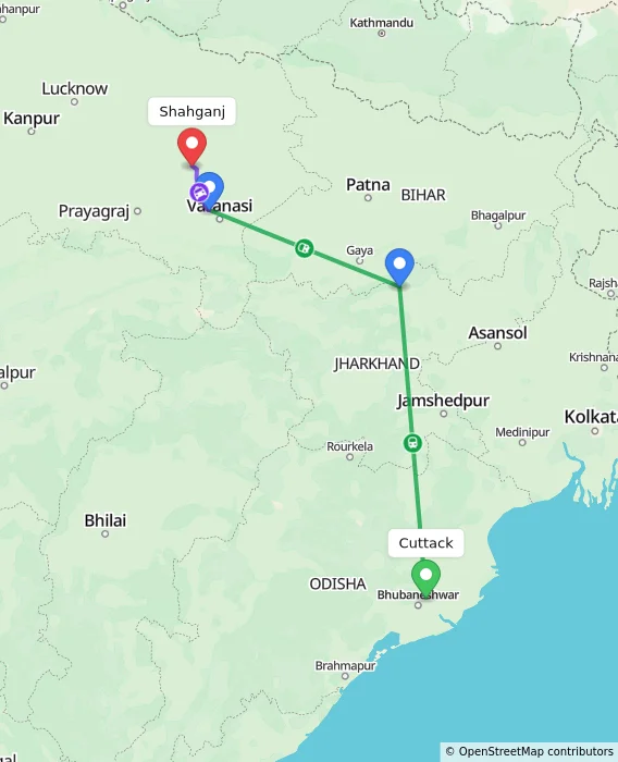 Route map showing distance and travel time from Cuttack, India to Shahganj, India