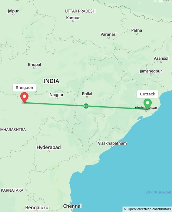 Route map showing distance and travel time from Cuttack, India to Shegaon, India